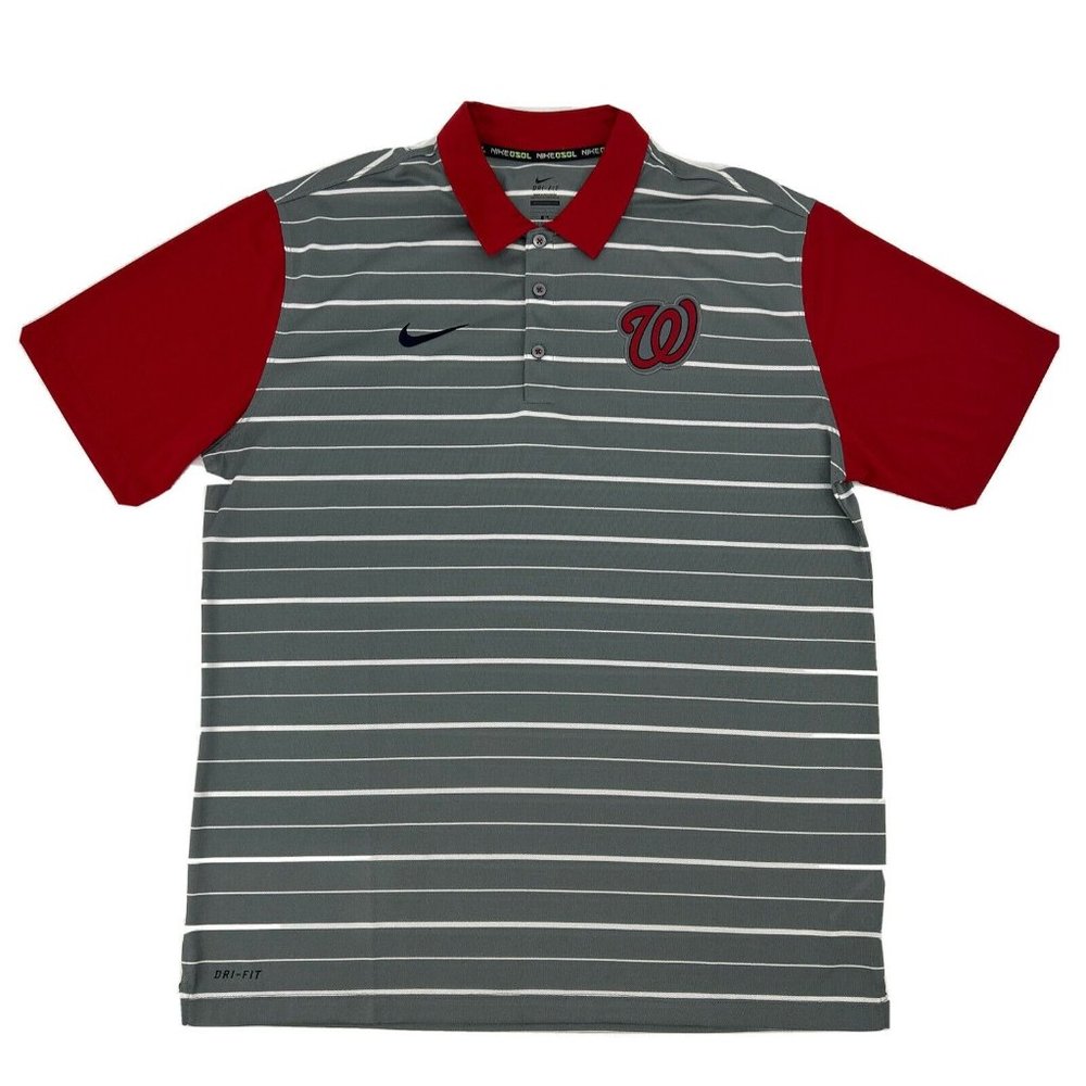 Washington Nationals Nike BSBL Polo Shirt Men's L‎ Gray Red Sleeves Dri Fit